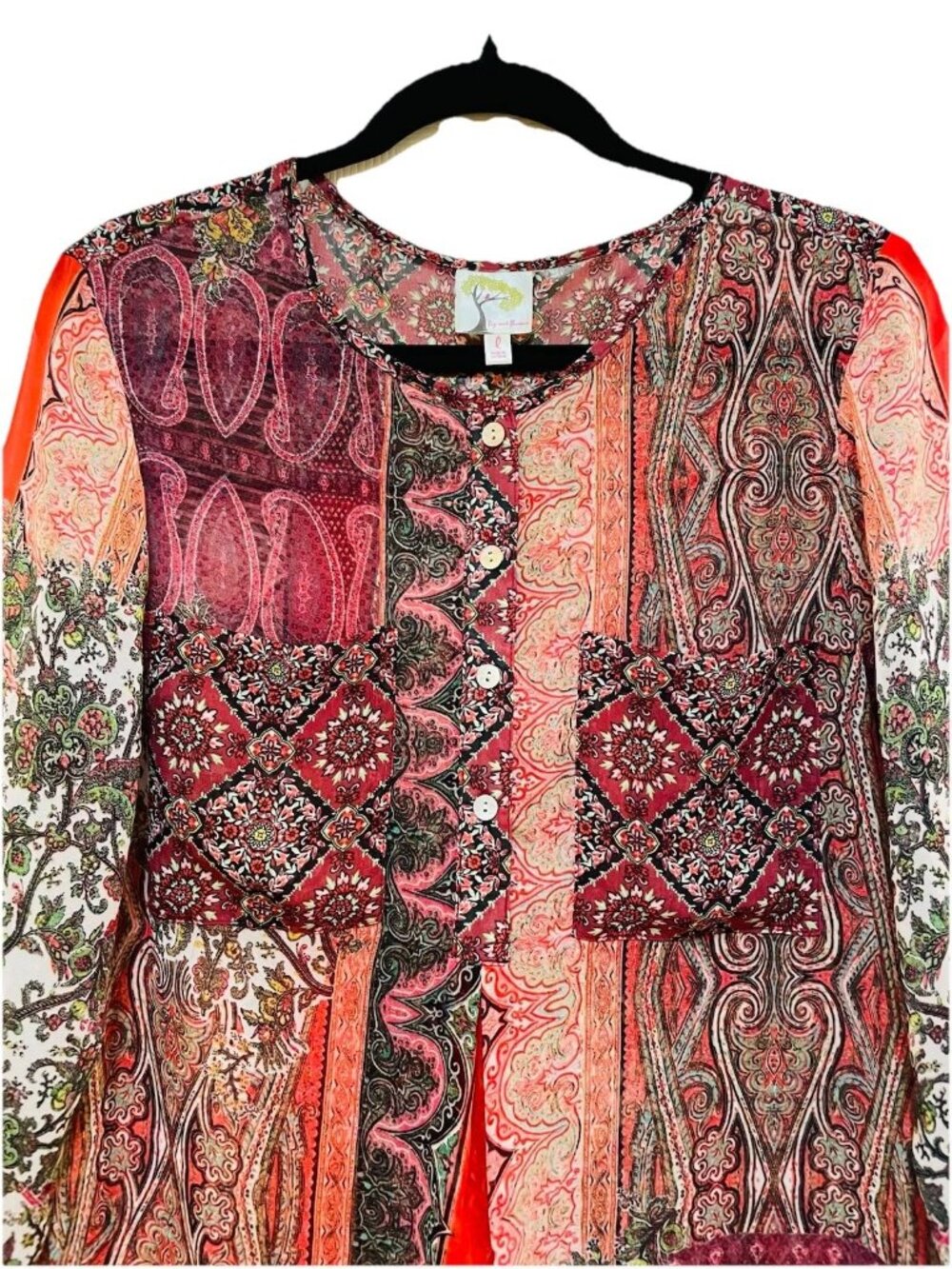 FIG & FLOWER ANTHROPOLOGIE Multicolor Sheer Boho 3/4 Length Tunic Shirt Sz L - Picture 3 of 8